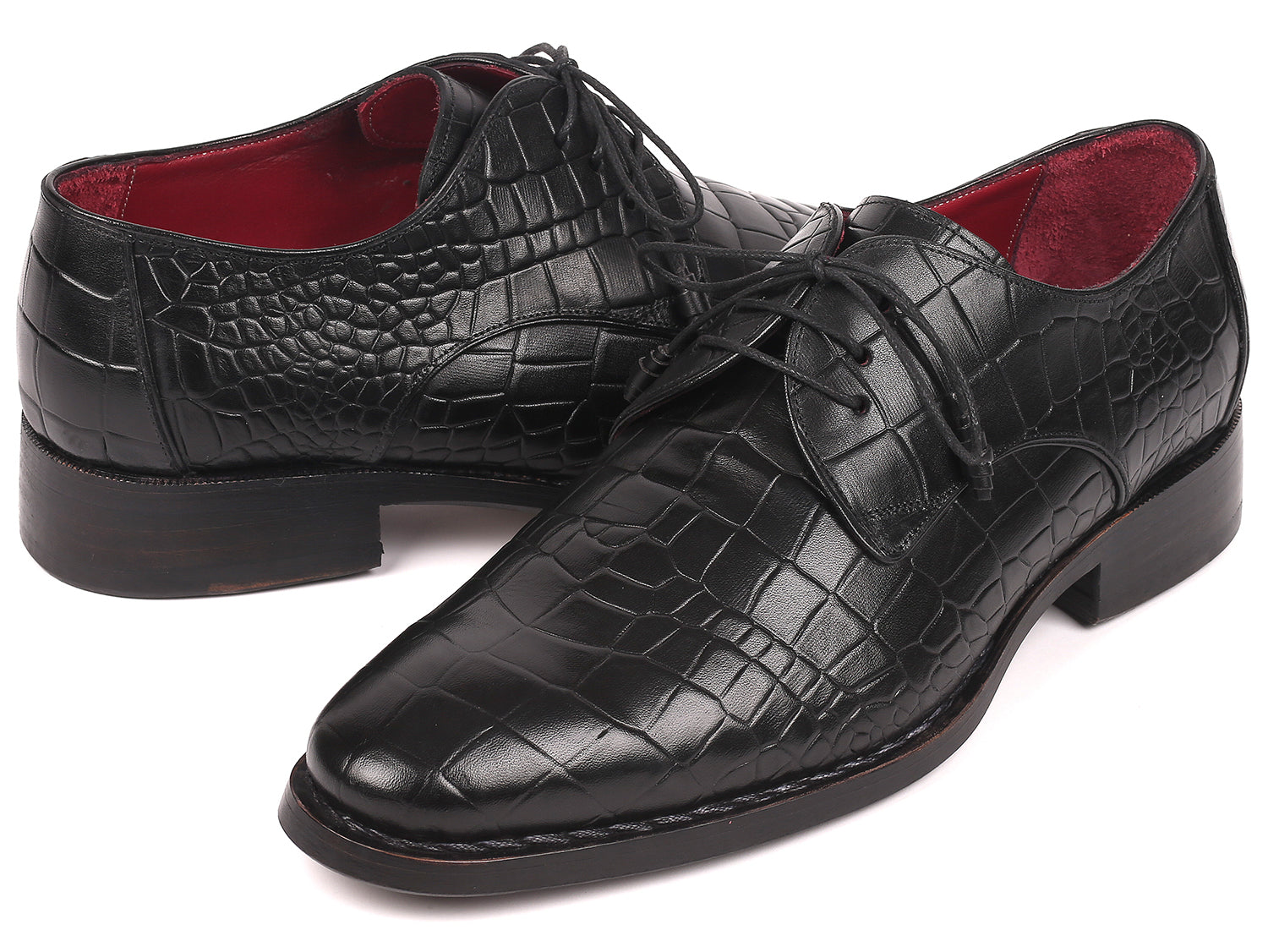 Paul Parkman Black Crocodile Embossed Calfskin Derby shoes showcasing luxurious hand-painted finish and Goodyear welted construction.